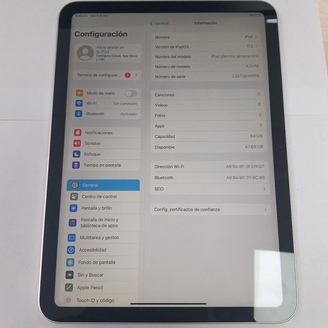 TABLETA APPLE IPAD 10 A2696 64 GB 4 GB RAM (SEMINUEVO)