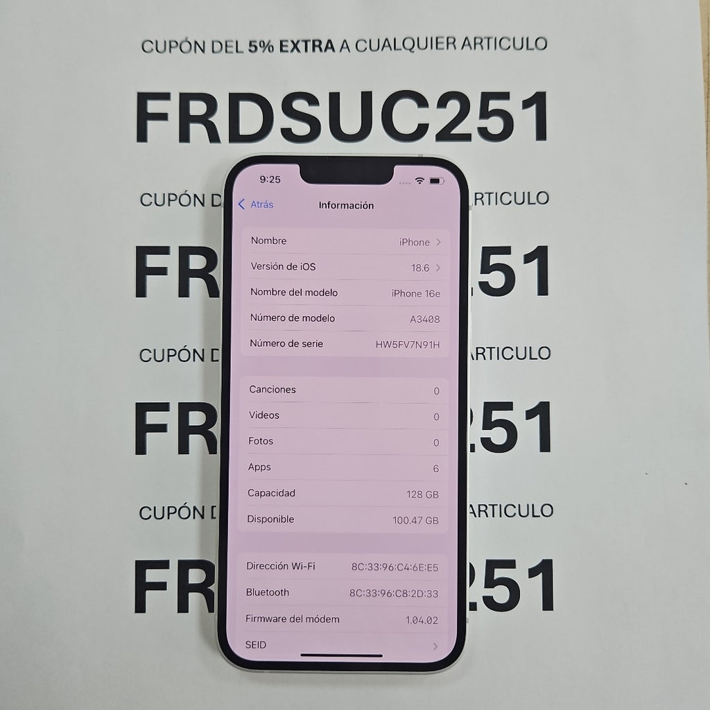 CELULAR APPLE IPHONE 16E A3408 (2025) 128 GB 8 GB RAM (SEMINUEVO)