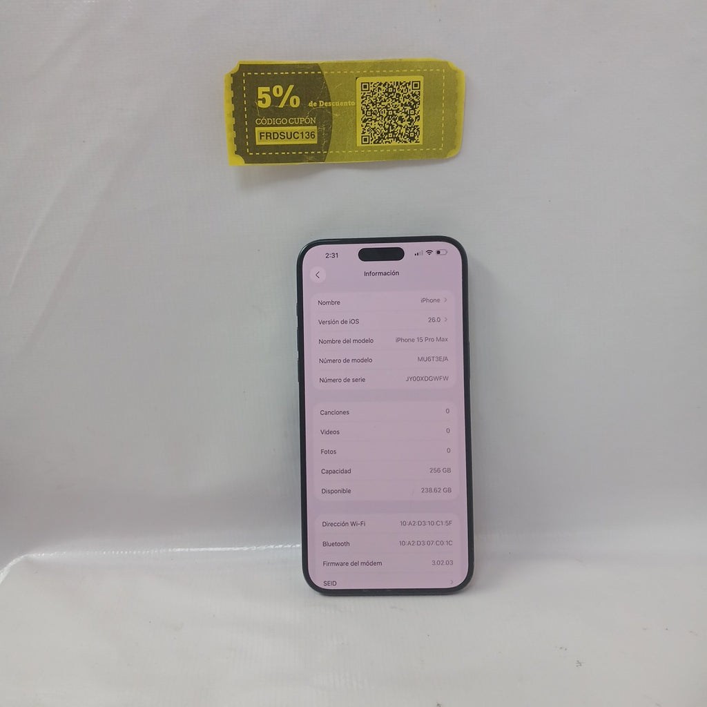CELULAR APPLE IPHONE 15 PRO MAX A3105 (2023) 256 GB 8 GB RAM (SEMINUEVO)