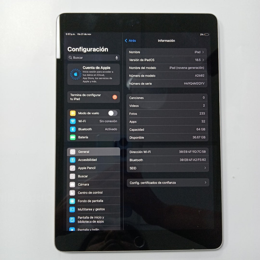 TABLETA APPLE IPAD 9 A2602 64 GB 3 GB RAM (SEMINUEVO)