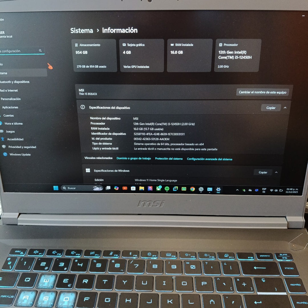 LAPTOP MSI THIN 15 B12UCX-2218MX (2024) 512 GB SSD + 512 GB SSD 16 GB RAM (SEMINUEVO)
