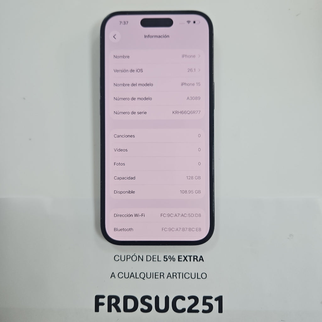 CELULAR APPLE IPHONE 15 A3089 (2023) 128 GB 6 GB RAM (SEMINUEVO)