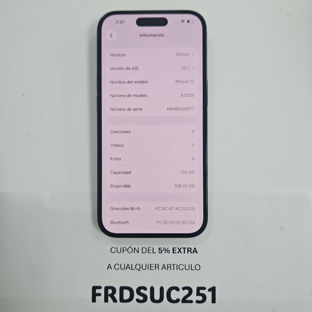 CELULAR APPLE IPHONE 15 A3089 (2023) 128 GB 6 GB RAM (SEMINUEVO)