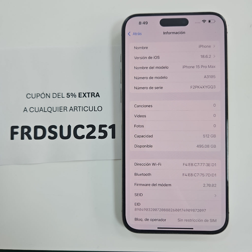 CELULAR APPLE IPHONE 15 PRO MAX A3105 (2023) 512 GB 8 GB RAM (SEMINUEVO)