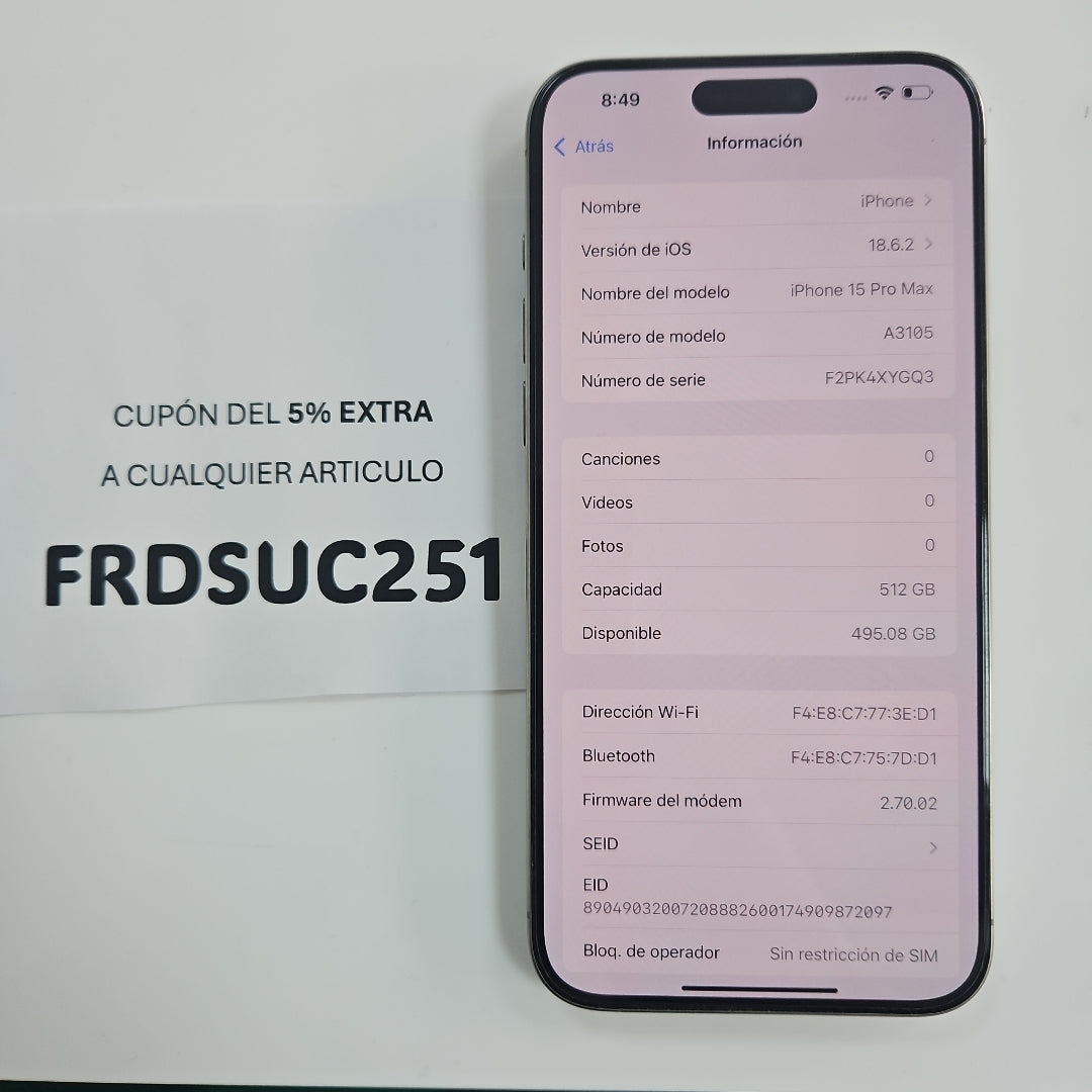 CELULAR APPLE IPHONE 15 PRO MAX A3105 (2023) 512 GB 8 GB RAM (SEMINUEVO)
