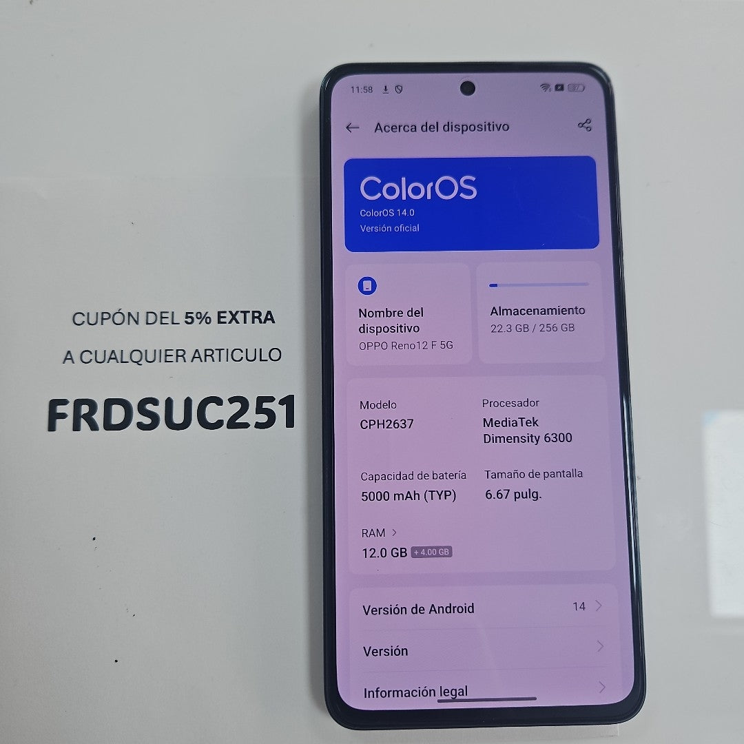 CELULAR OPPO  RENO 12F 5G CPH2637 256 GB 12 GB RAM (SEMINUEVO)