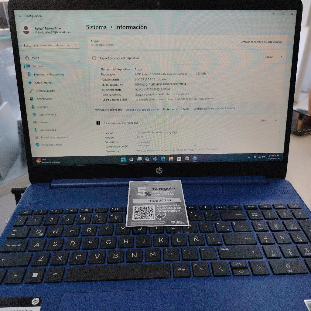 LAPTOP HP 15-EF2511LA (2022) 256 GB SSD 8 GB RAM (SEMINUEVO)