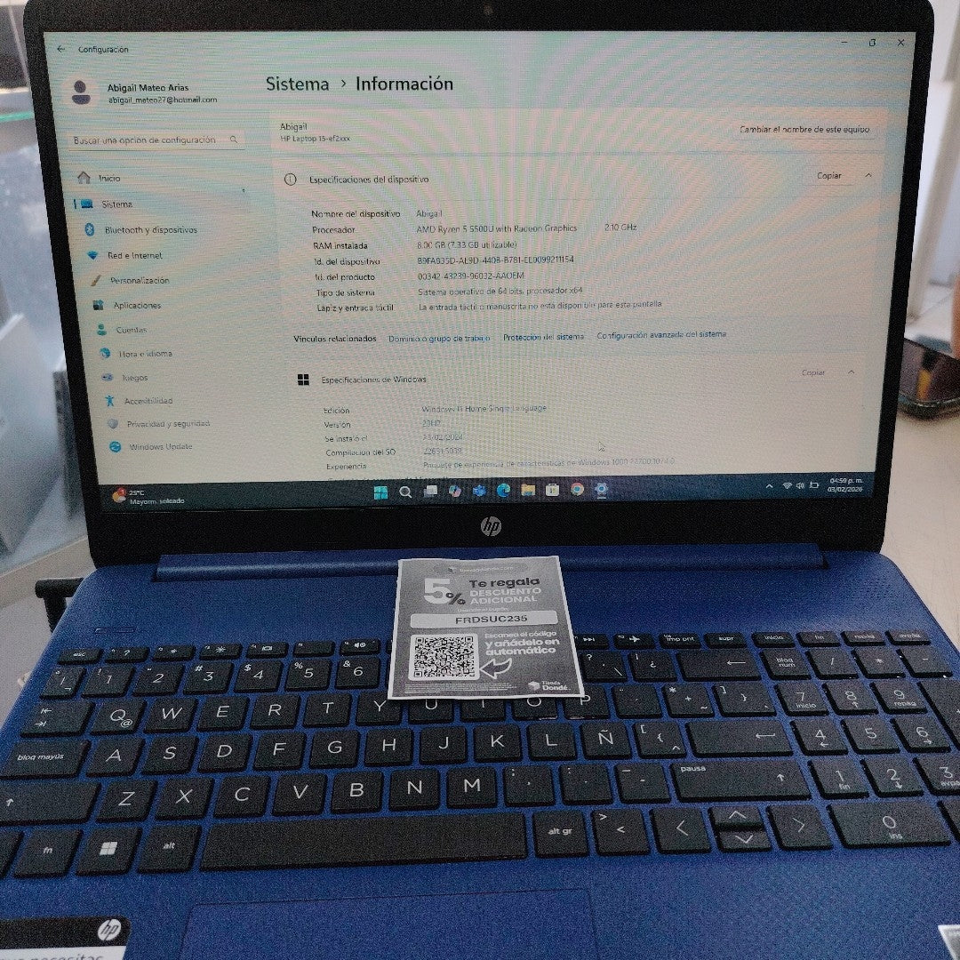 LAPTOP HP 15-EF2511LA (2022) 256 GB SSD 8 GB RAM (SEMINUEVO)