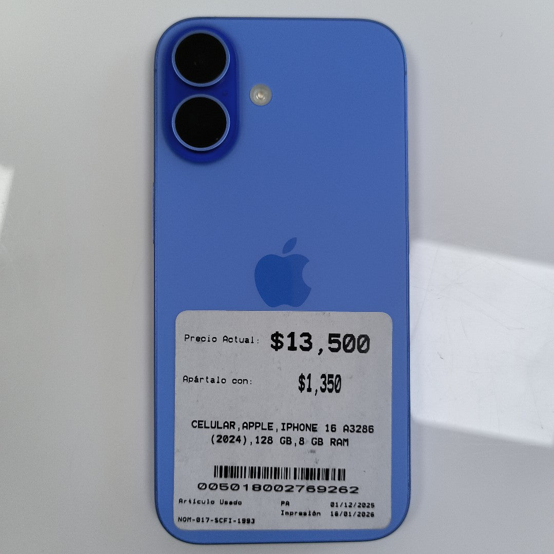 CELULAR APPLE IPHONE 16 A3286 (2024) 128 GB 8 GB RAM (SEMINUEVO)