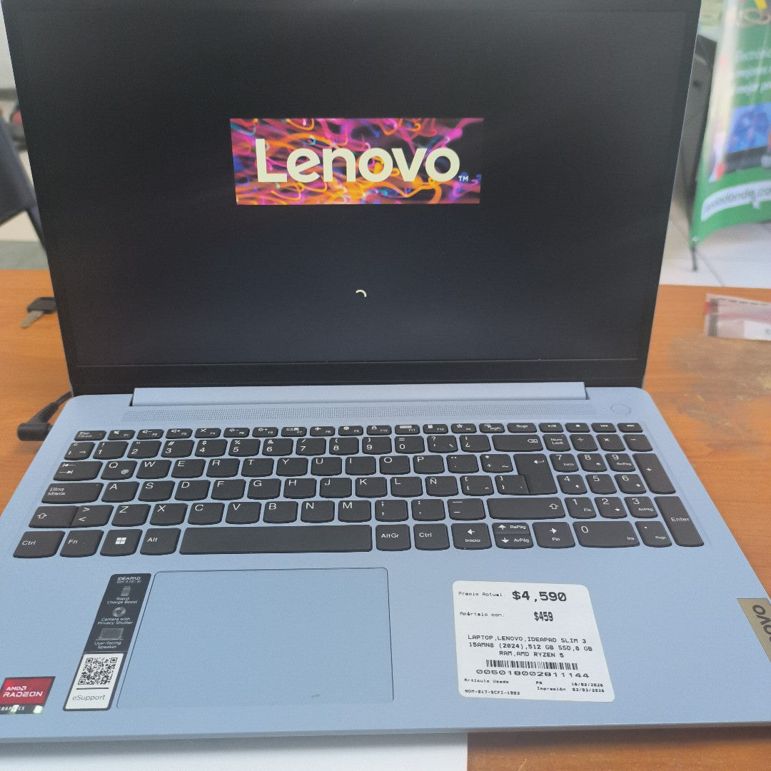 LAPTOP LENOVO IDEAPAD SLIM 3 15AMN8 (2024) 512 GB SSD 8 GB RAM (SEMINUEVO)
