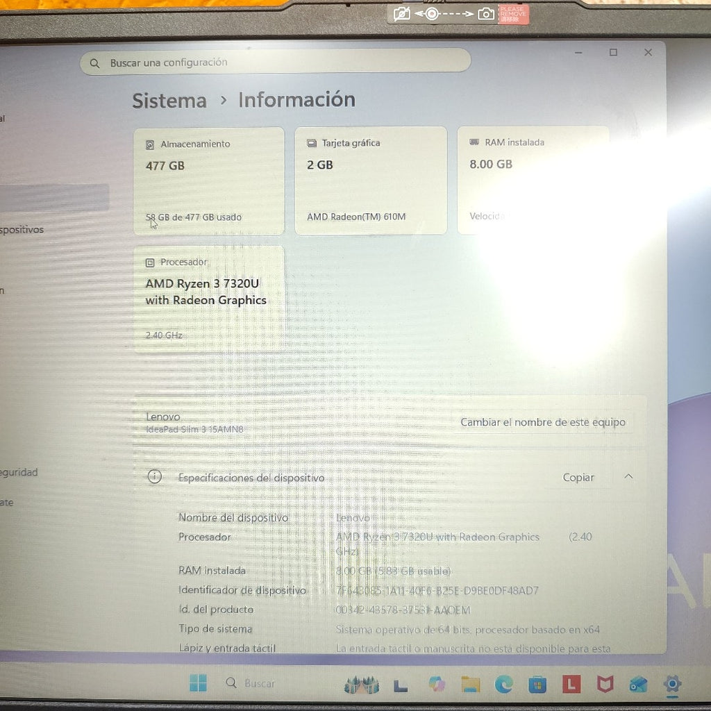 LAPTOP LENOVO IDEAPAD SLIM 3 15AMN8 (2025) 512 GB SSD 8 GB RAM (SEMINUEVO)