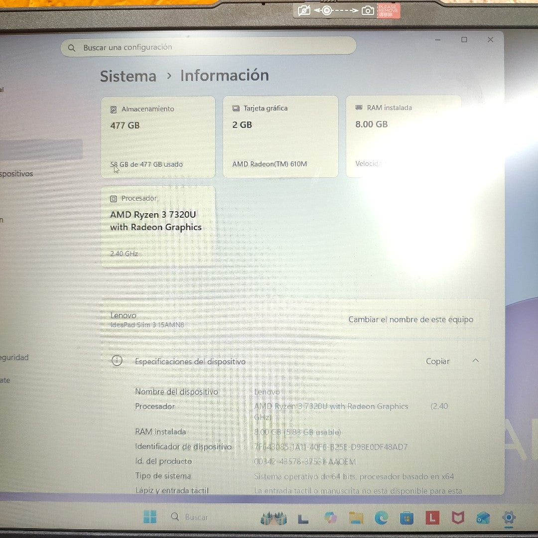 LAPTOP LENOVO IDEAPAD SLIM 3 15AMN8 (2025) 512 GB SSD 8 GB RAM (SEMINUEVO)