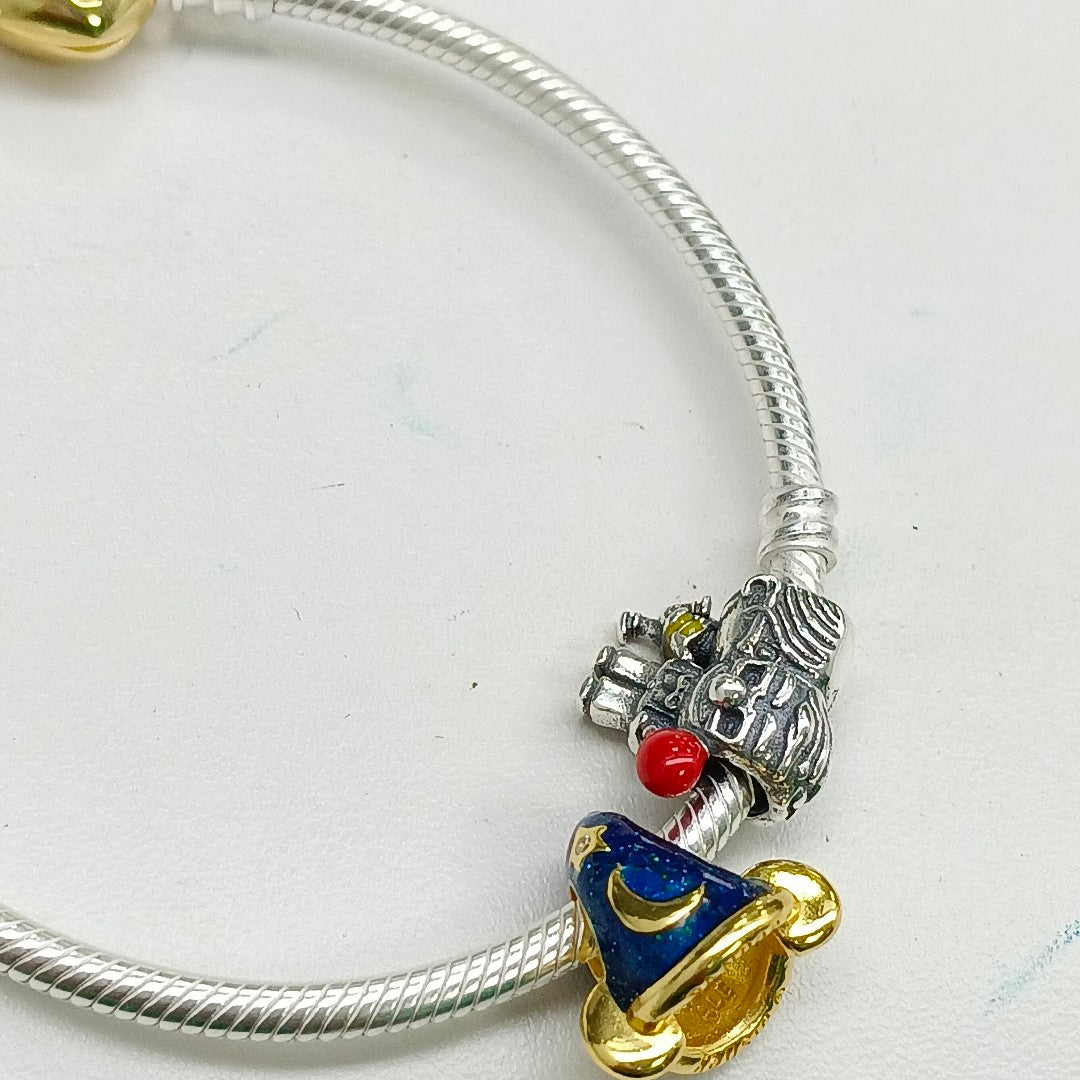 PULSERA TEJIDO ARTICULADA CON CHARMS PLATA .925 18 CM 21 GR (NUEVO)