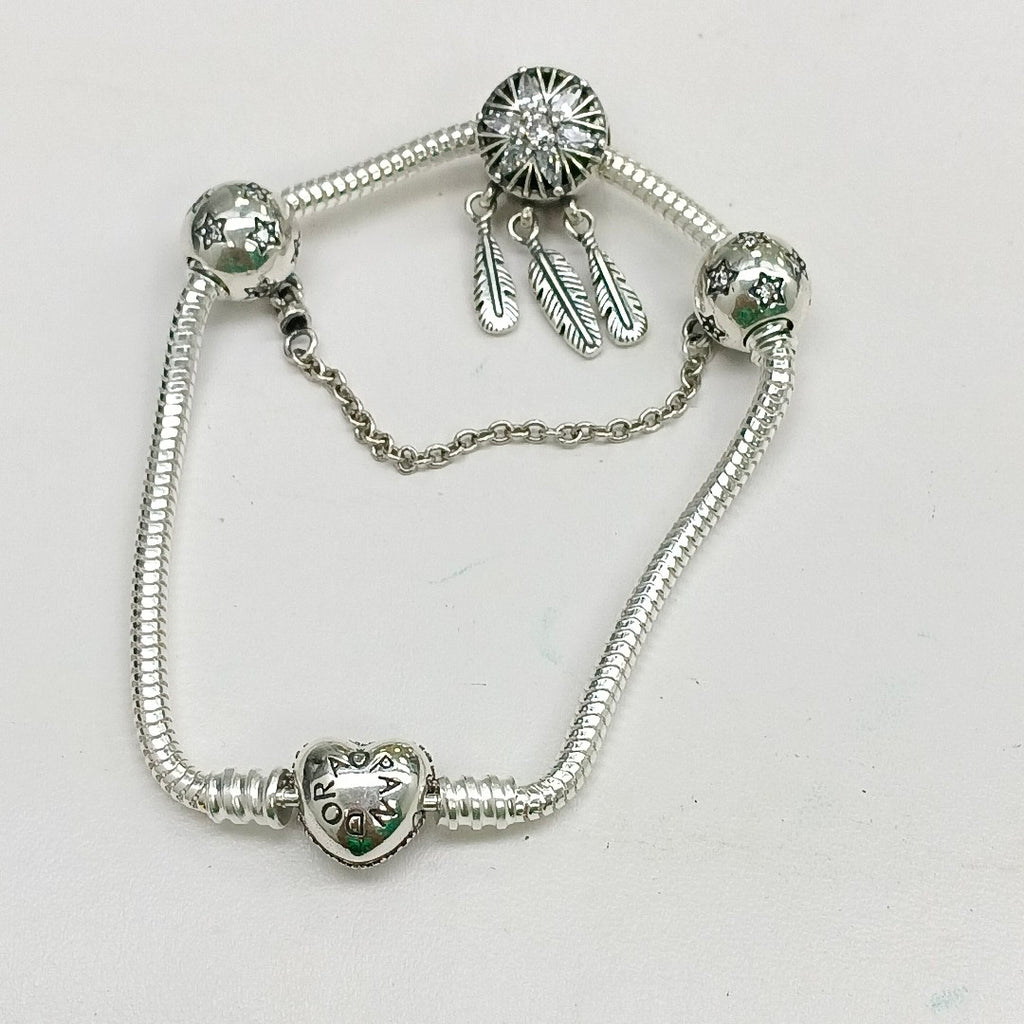PULSERA TEJIDO ARTICULADA CON CHARMS PLATA .925 18 CM 20.8 GR (NUEVO)
