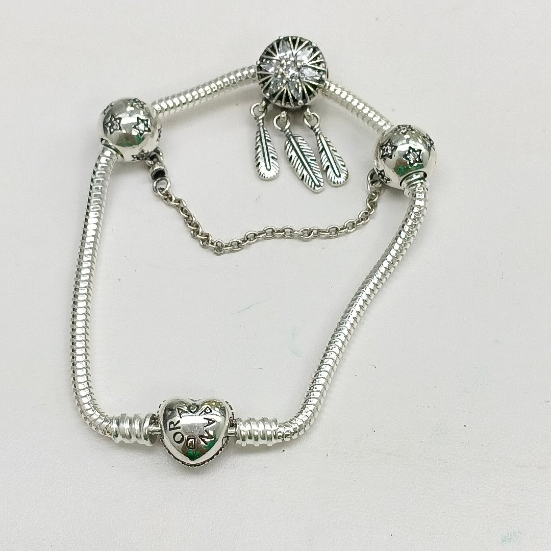 PULSERA TEJIDO ARTICULADA CON CHARMS PLATA .925 18 CM 20.8 GR (NUEVO)