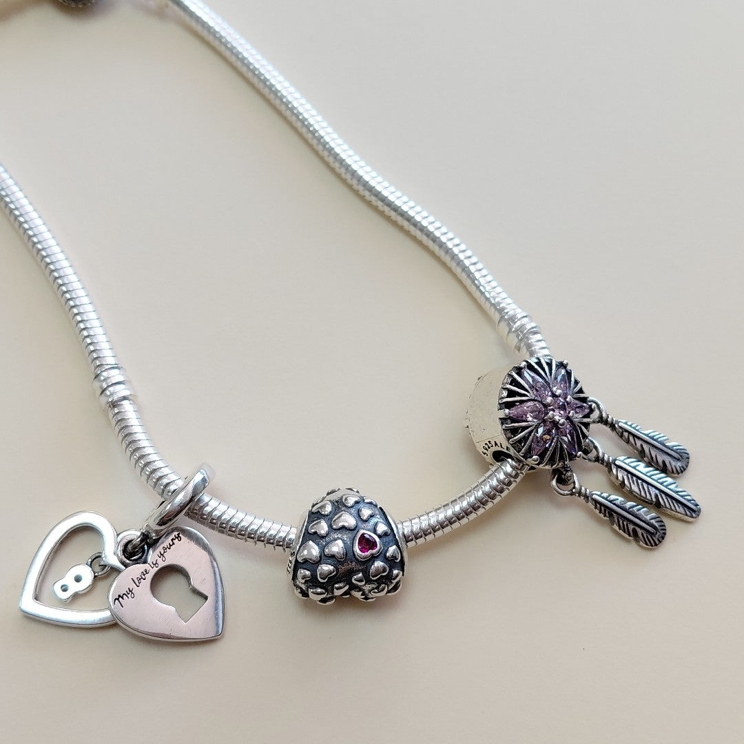 PULSERA TEJIDO ARTICULADA CON CHARMS PLATA .925 21 CM 19 GR (NUEVO)