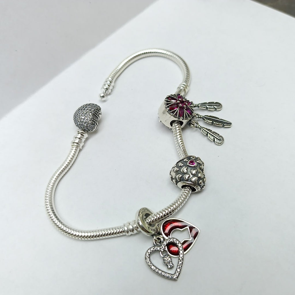 PULSERA TEJIDO ARTICULADA CON CHARMS PLATA .925 21 CM 19.1 GR (NUEVO)