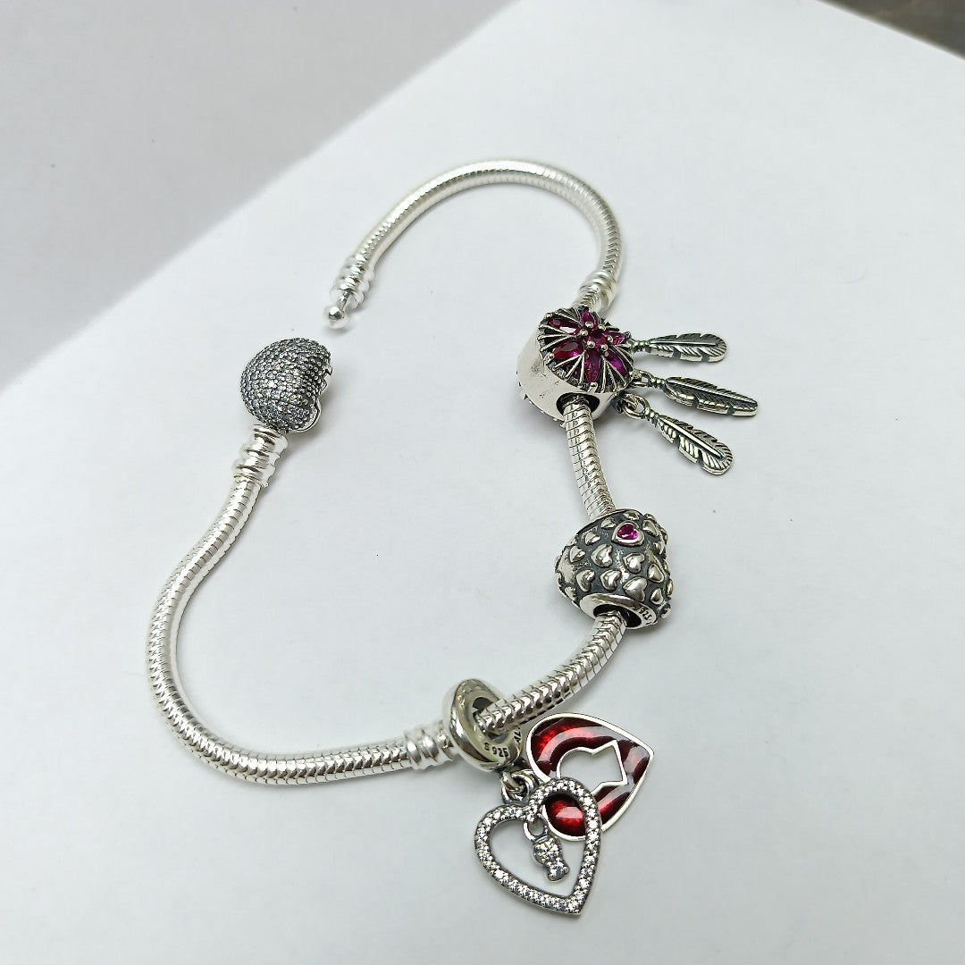 PULSERA TEJIDO ARTICULADA CON CHARMS PLATA .925 21 CM 19.1 GR (NUEVO)