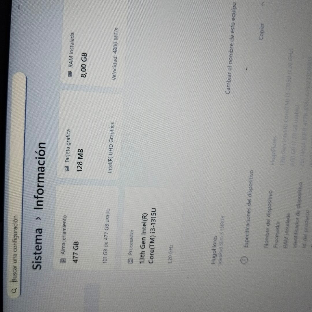 LAPTOP LENOVO IDEAPAD SLIM 3 15IRU8 (2025) 512 GB SSD 8 GB RAM (SEMINUEVO)