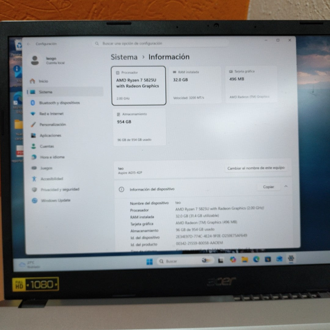 LAPTOP ACER ASPIRE GO 15 AG15-42P-R4QQ (2025) 1 TB SSD 32 GB RAM (SEMINUEVO)