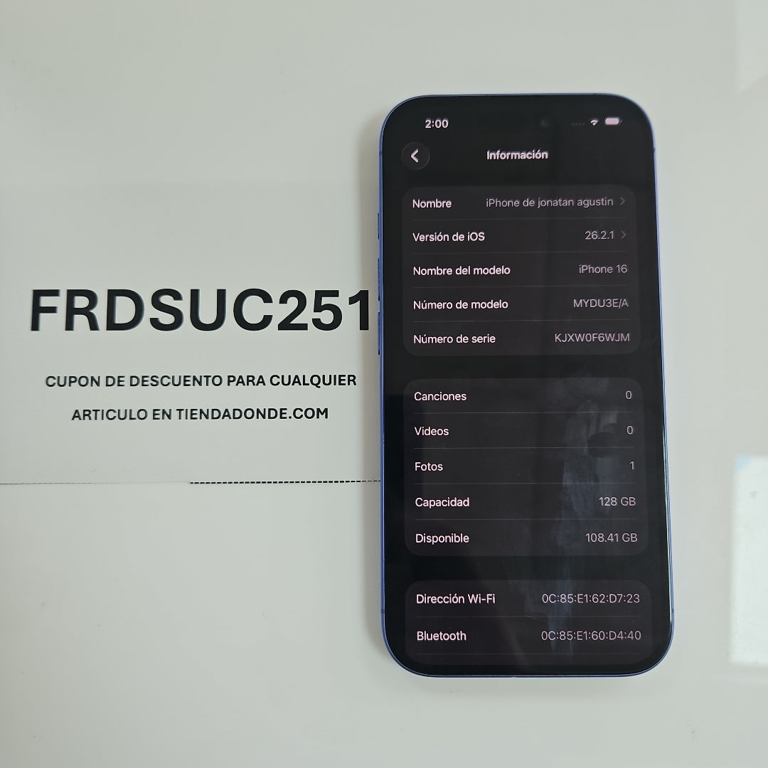 CELULAR APPLE IPHONE 16 A3286 (2024) 128 GB 8 GB RAM (SEMINUEVO)