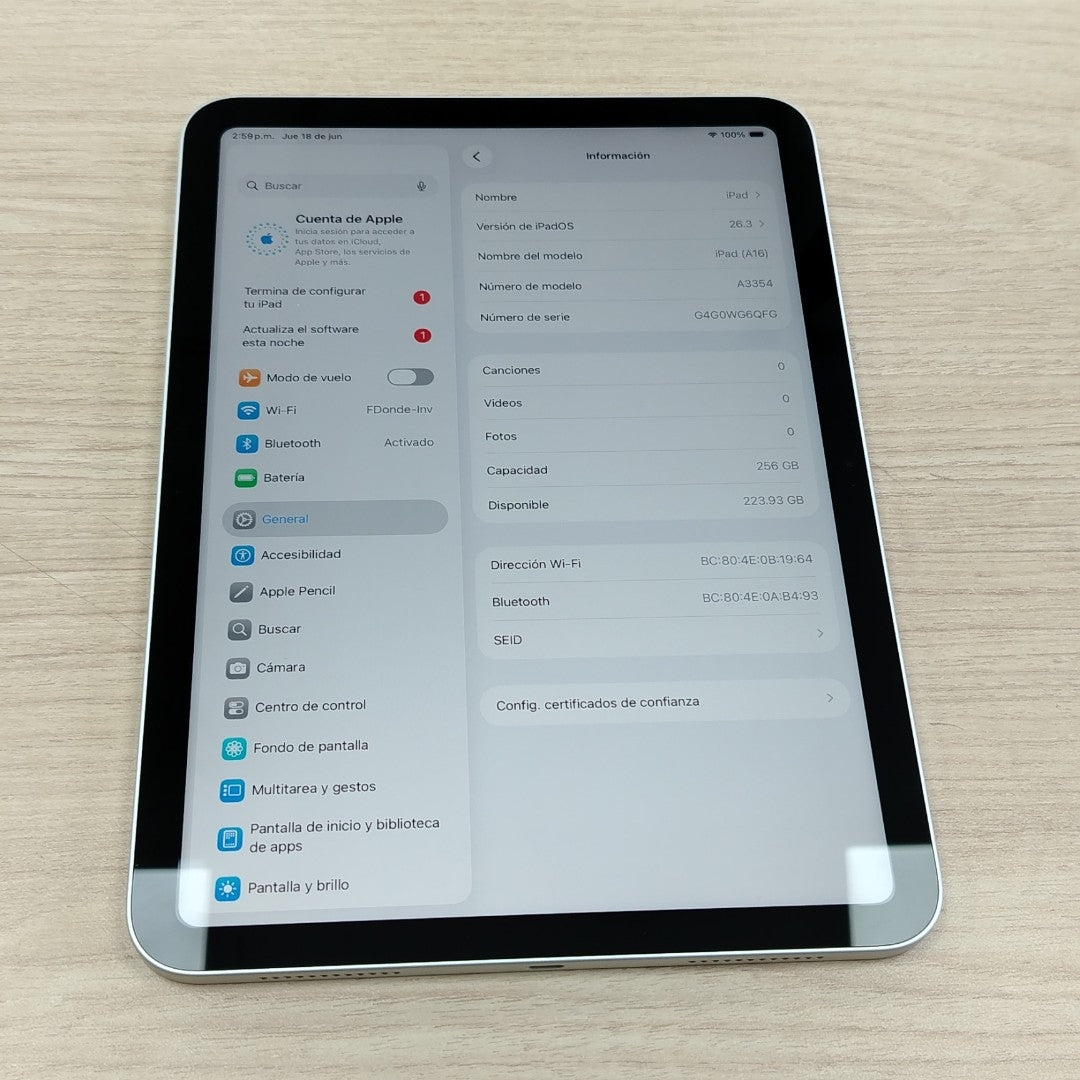 TABLETA APPLE IPAD A16 A3354 (2025) 256 GB 6 GB RAM (SEMINUEVO)