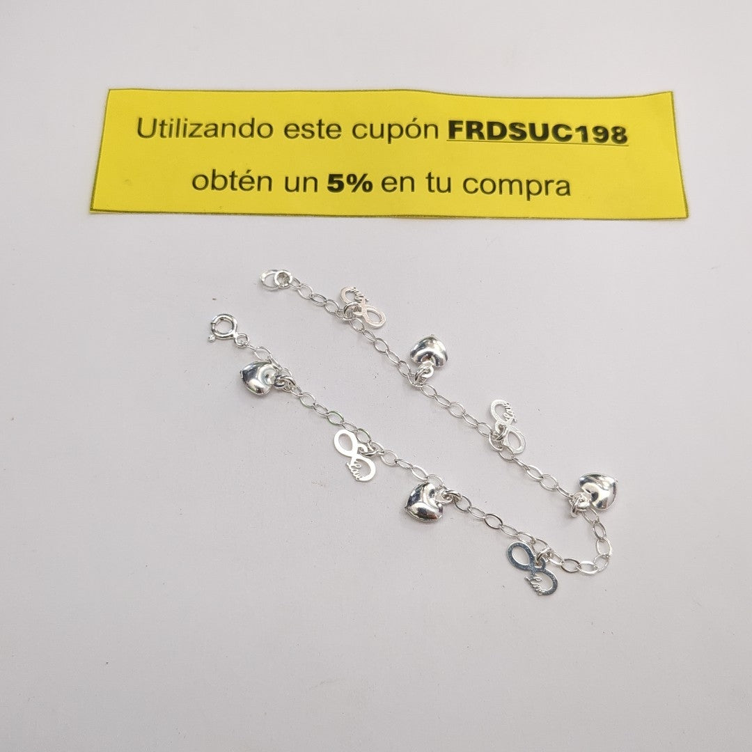 PULSERA CON DIJES CORAZON INFINITO PLATA .925 18 CM 3.22 GR (NUEVO)