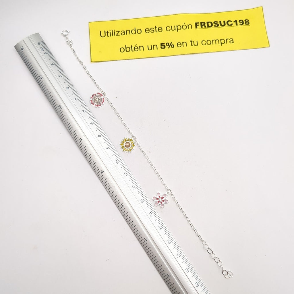 PULSERA TEJIDO ESPECIAL CON DIJE FLORES PLATA .925 21 CM 2.3 GR (NUEVO)
