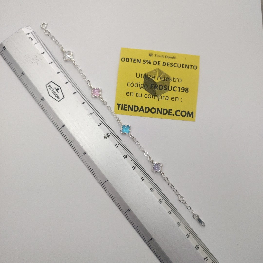 PULSERA ESPECIAL CON PIEDRAS DE COLOR PLATA .925 18 CM 3.42 GR (NUEVO)