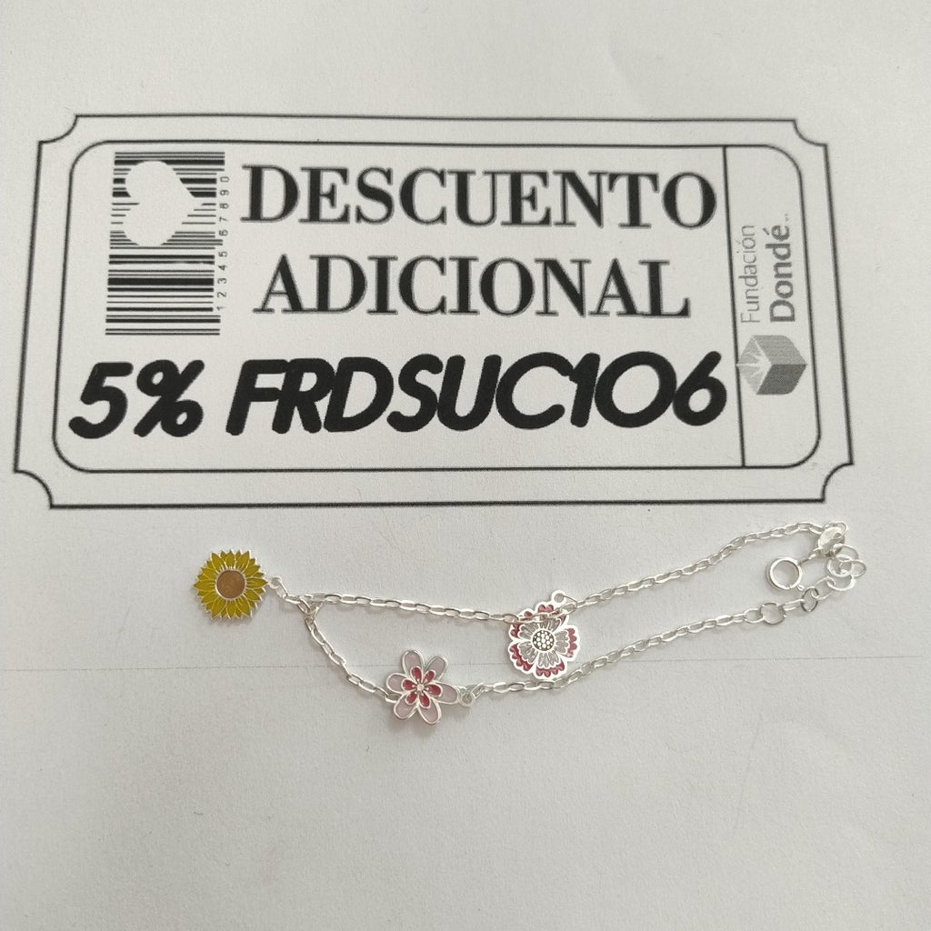 PULSERA TEJIDO ESPECIAL CON DIJE FLORES PLATA .925 21 CM 2.3 GR (NUEVO)