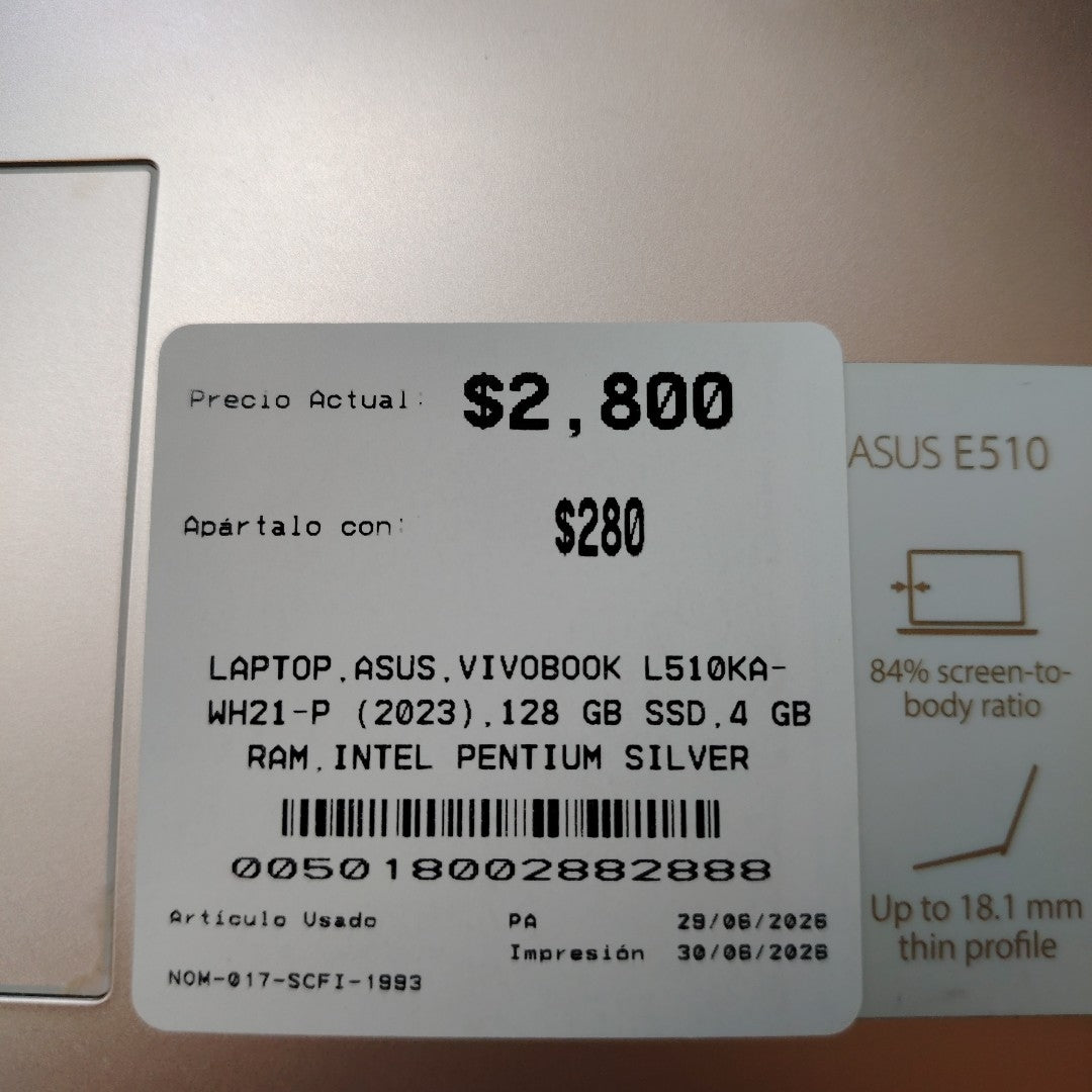 LAPTOP ASUS VIVOBOOK L510KA- WH21-P (2023) 128 GB SSD 4 GB RAM (SEMINUEVO)