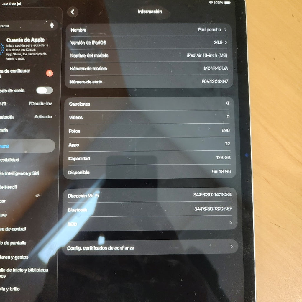 TABLETA APPLE IPAD AIR (M3) 13"A3268 (2025) 128 GB 8 GB RAM (SEMINUEVO)