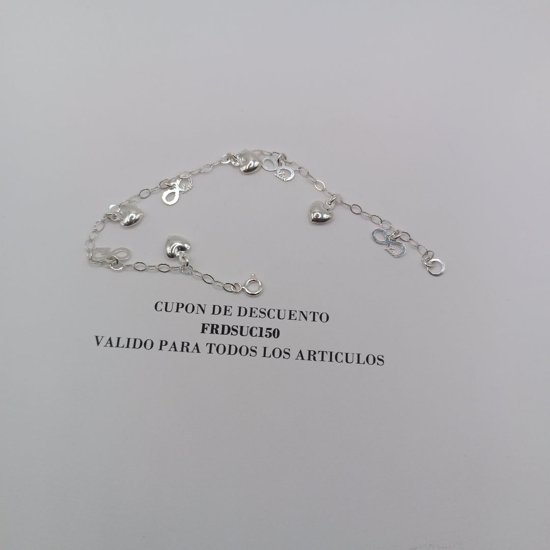 PULSERA CON DIJES CORAZON INFINITO PLATA .925 18 CM 3.22 GR (NUEVO)