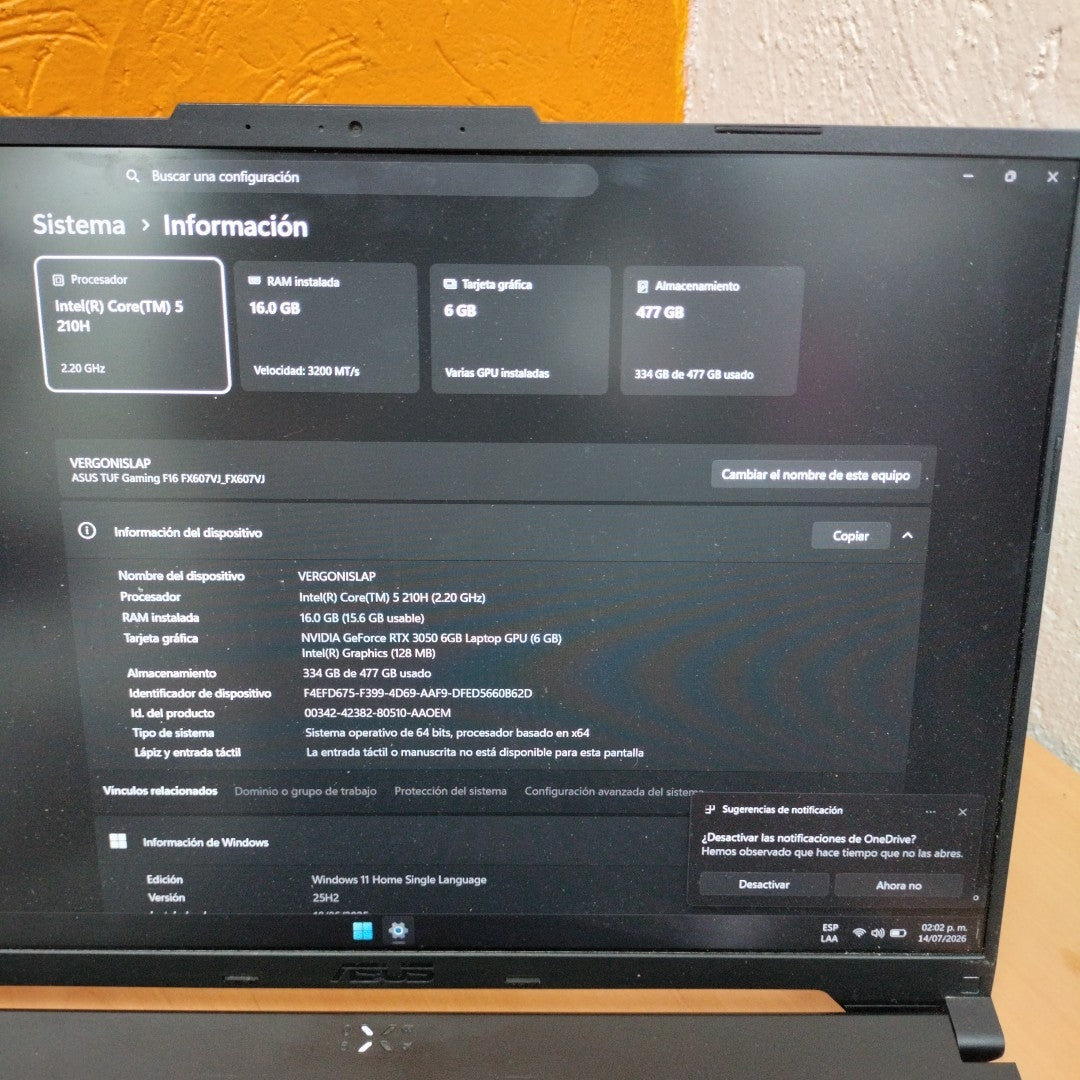 LAPTOP ASUS TUF GAMING F16 FX607VJ-RL024W (2025) 512 GB SSD 16 GB RAM (SEMINUEVO)
