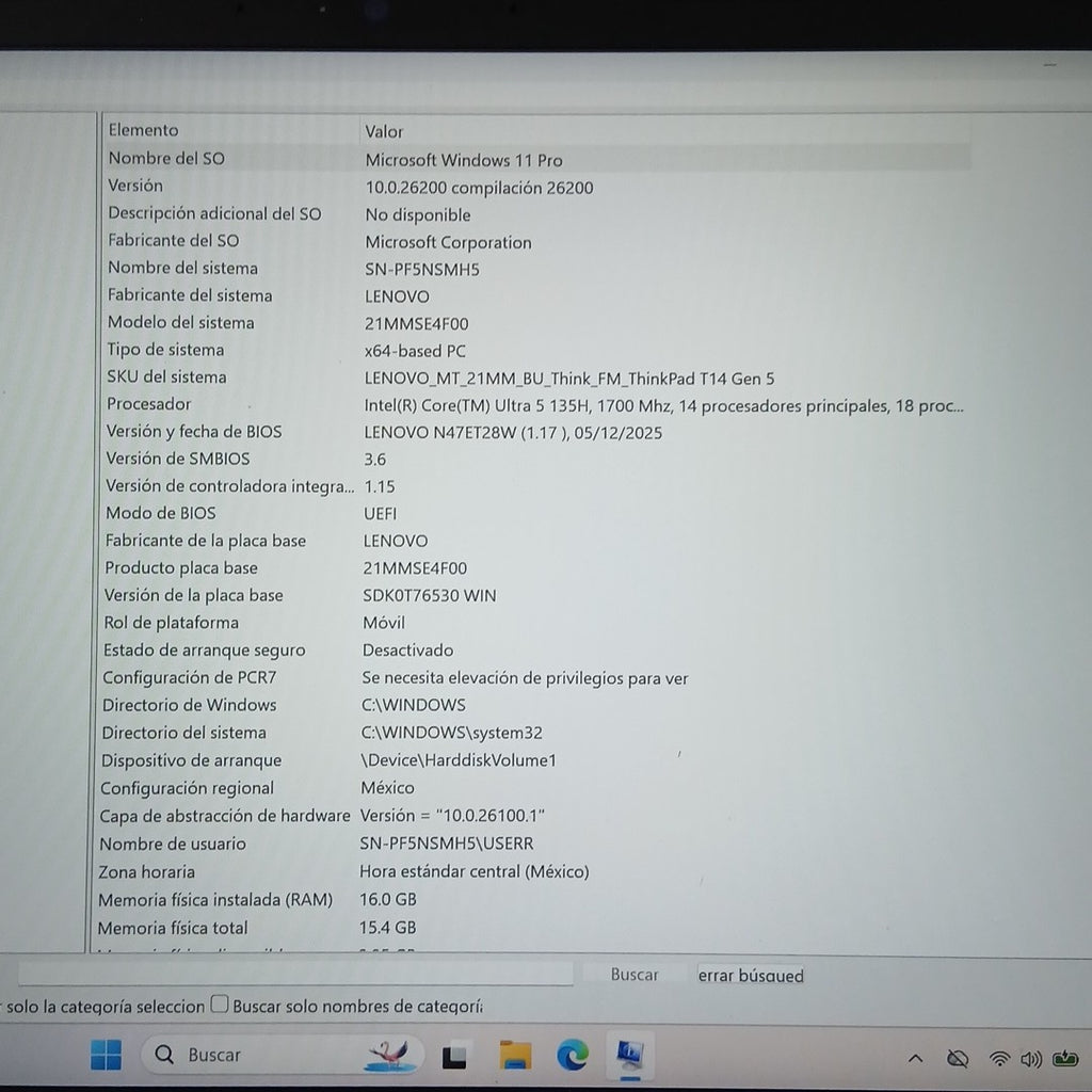 LAPTOP LENOVO THINKPAD T14 GEN 5 (2025) 512 GB SSD 16 GB RAM (SEMINUEVO)
