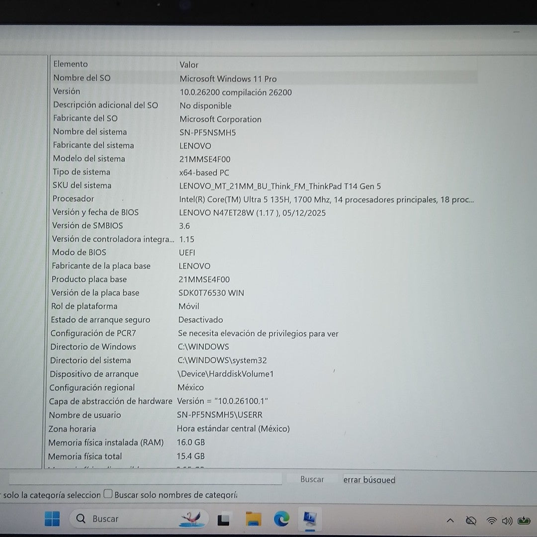 LAPTOP LENOVO THINKPAD T14 GEN 5 (2025) 512 GB SSD 16 GB RAM (SEMINUEVO)