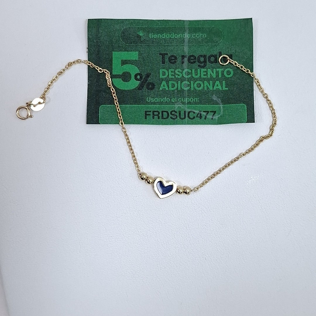 PULSERA TEJIDO ESPECIAL CON FIGURA CORAZON CON ESMALTE AZUL 14K 18 CM 2.2 GR (NUEVO)