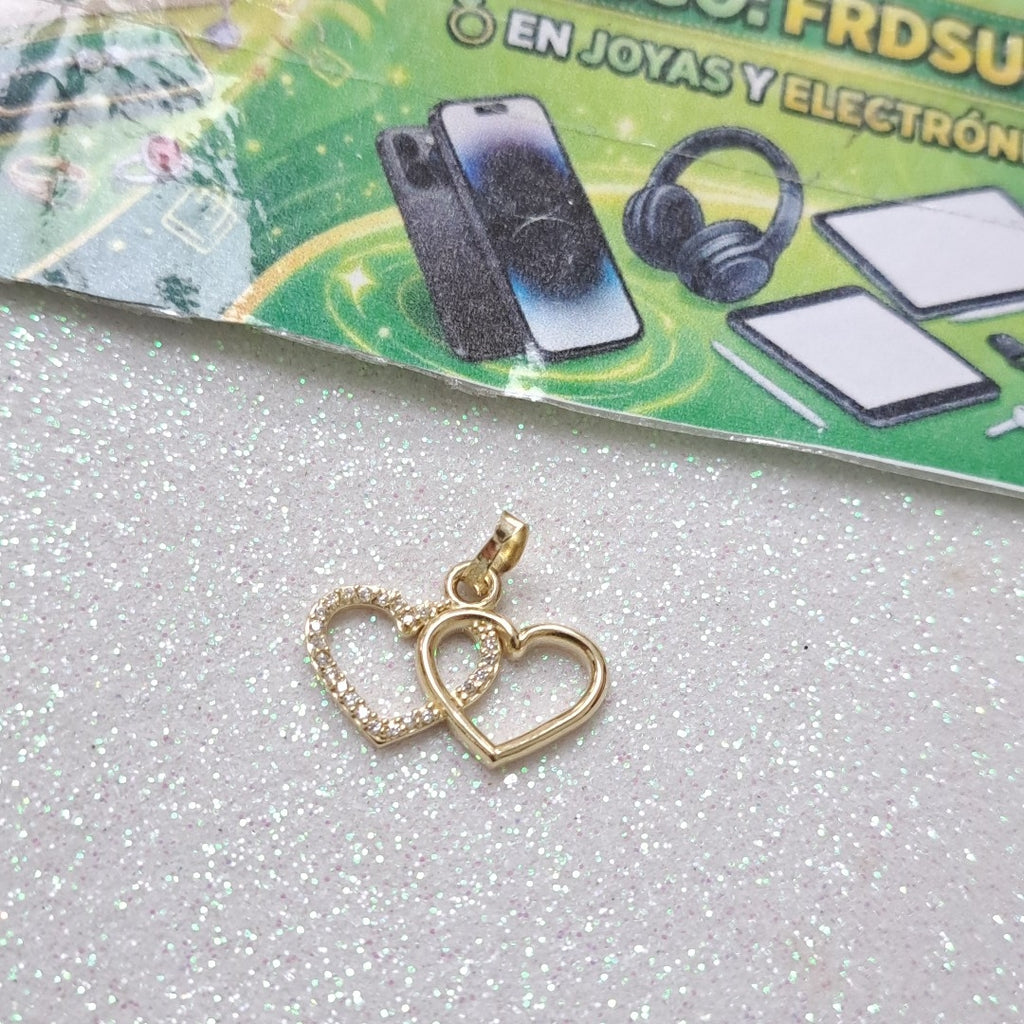 DIJE TEJIDO DOS CORAZONES CON CIRCONIAS 14K 1.5 GR (NUEVO)