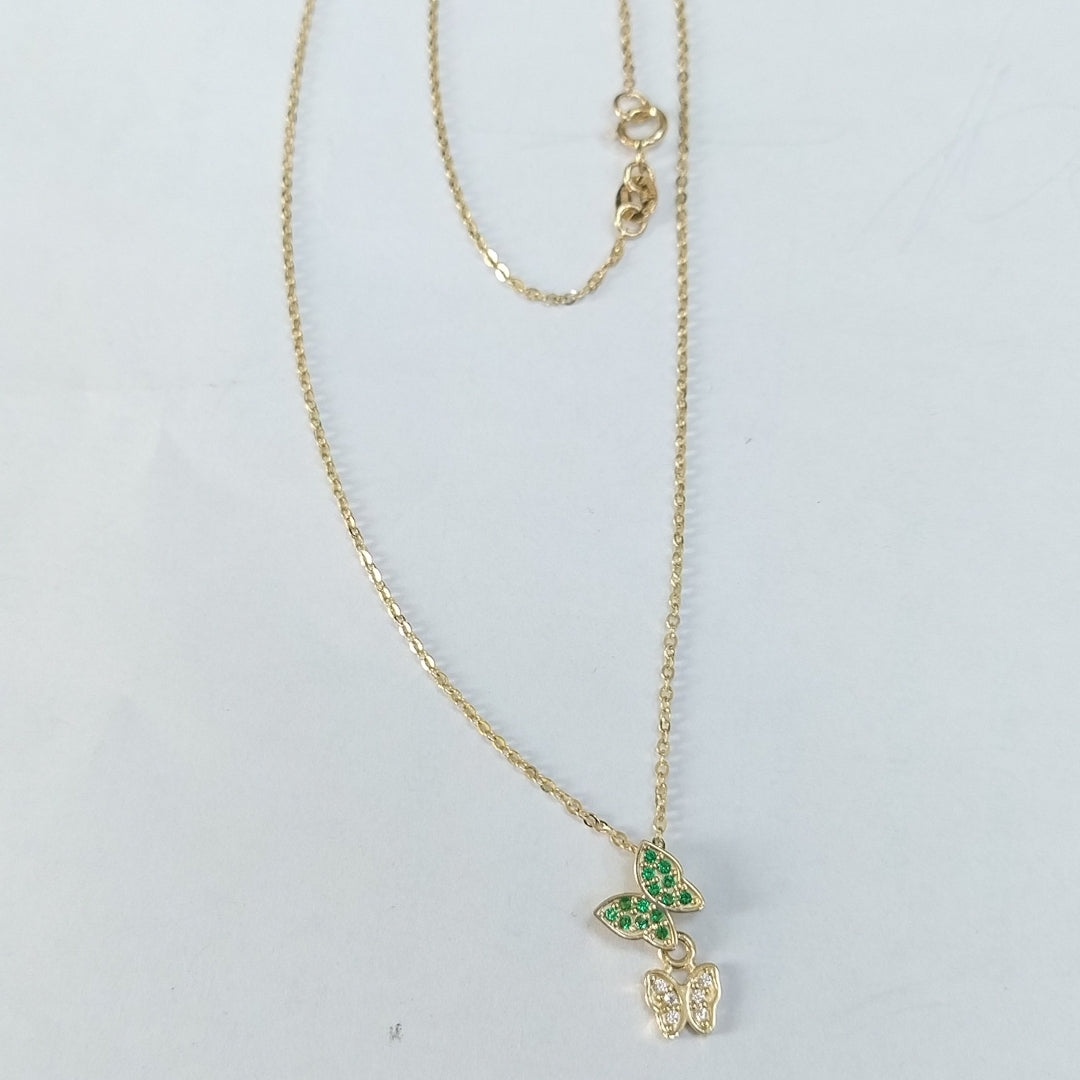 CADENA TEJIDO GARGANTILLA CON DIJE MARIPOSAS CIRCONIAS Y PIEDRAS DE COLOR 14K 45 CM 1.9 GR (NUEVO)