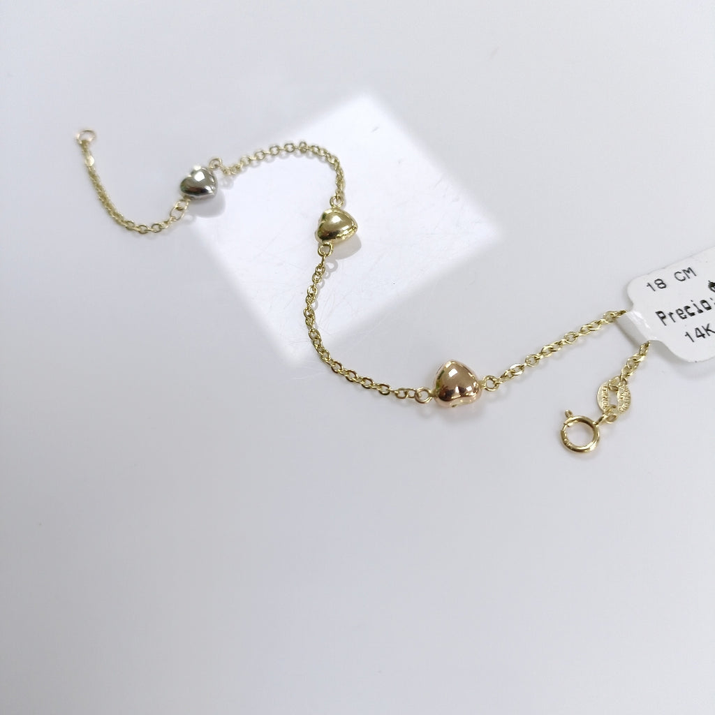 PULSERA ESP CON CORAZONES COMBINADOS 14K 18 CM 1.6 GR (NUEVO)