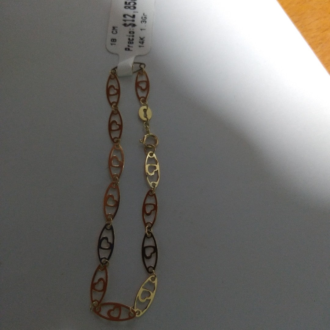 PULSERA TEJIDO ESPECIAL CON CORAZON 14K 18 CM 1.3 GR (NUEVO)