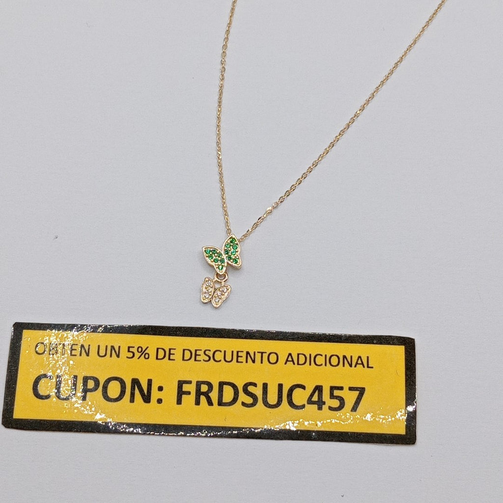 CADENA TEJIDO GARGANTILLA CON DIJE MARIPOSAS CIRCONIAS Y PIEDRAS DE COLOR 14K 45 CM 2 GR (NUEVO)