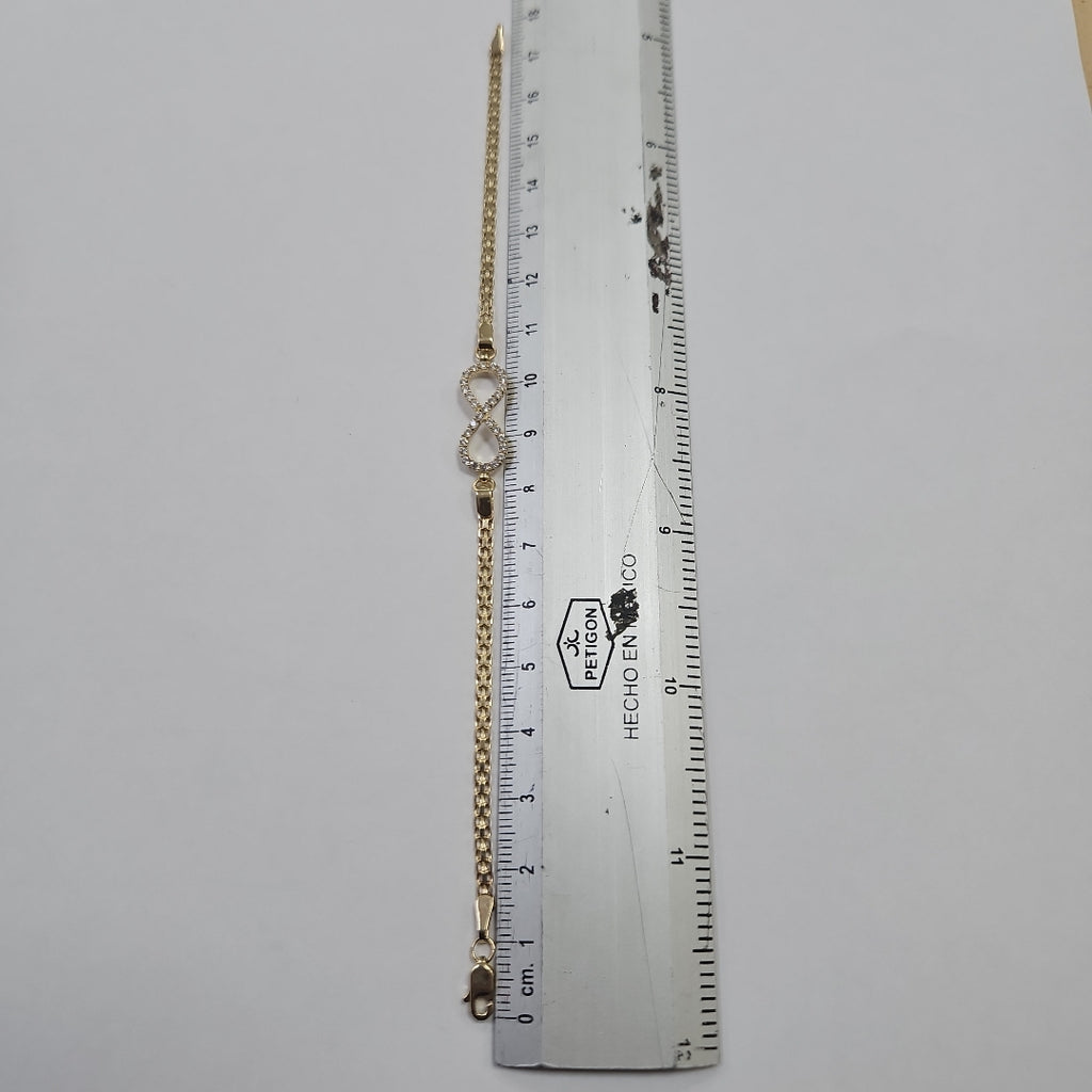 PULSERA TEJIDO ESPECIAL CON INFINITO Y CIRCONIAS 14K 18 CM 3.4 GR (NUEVO)