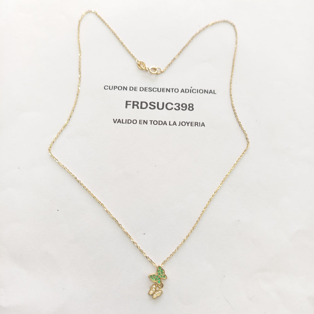 CADENA TEJIDO GARGANTILLA CON DIJE MARIPOSAS CIRCONIAS Y PIEDRAS DE COLOR 14K 45 CM 1.9 GR (NUEVO)