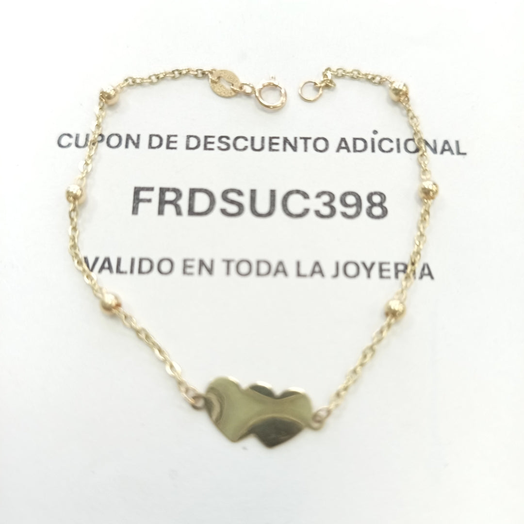 PULSERA TEJIDO ESPECIAL CON DOS CORAZONES 14K 18 CM 1.7 GR (NUEVO)