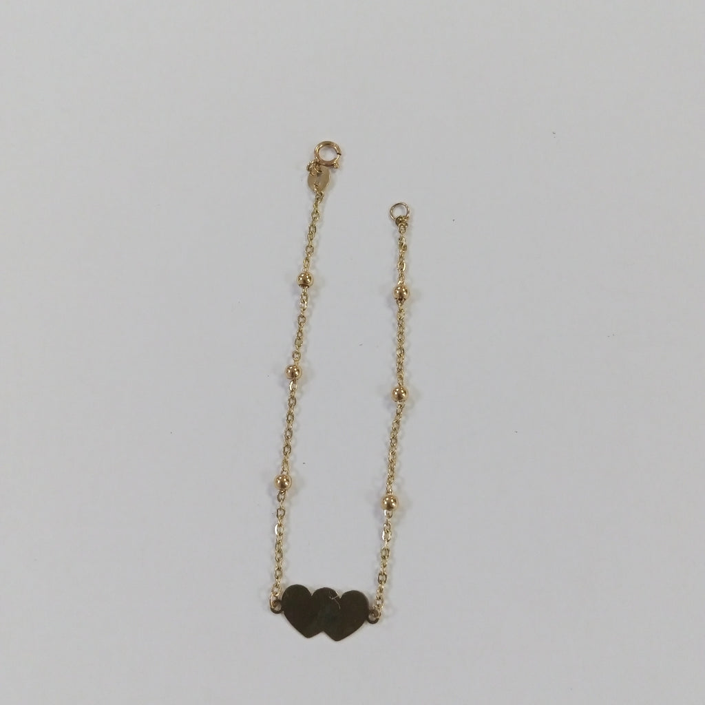 PULSERA TEJIDO ESPECIAL CON DOS CORAZONES 14K 18 CM 1.7 GR (NUEVO)