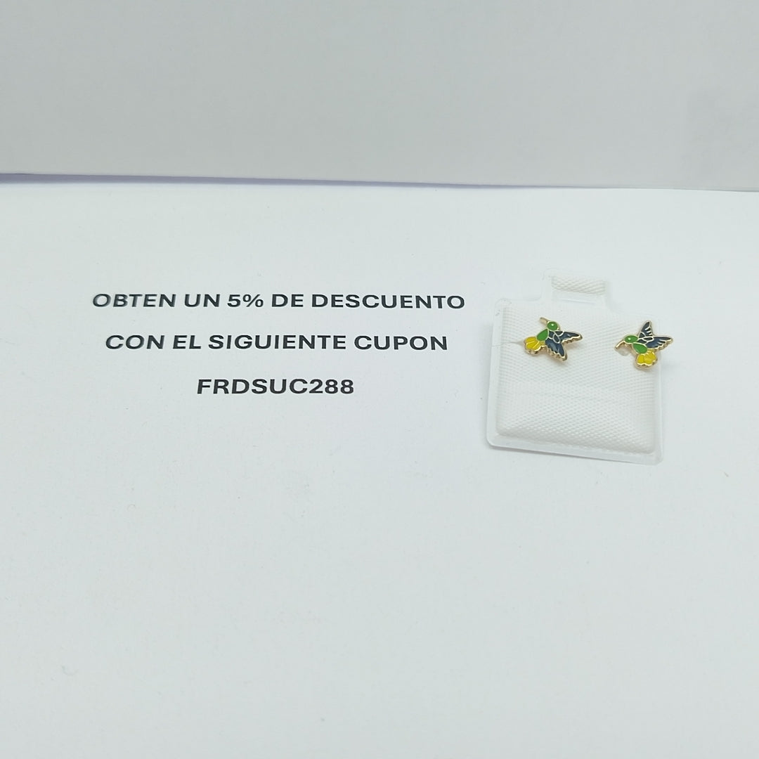 BROQUELES BROQUEL FIG COLIBRI ESMALTE VERDE 14K 0.2138 GR (NUEVO)