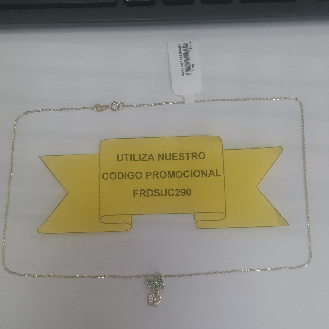 CADENA TEJIDO GARGANTILLA CON DIJE MARIPOSAS CIRCONIAS Y PIEDRAS DE COLOR 14K 45 CM 2 GR (NUEVO)