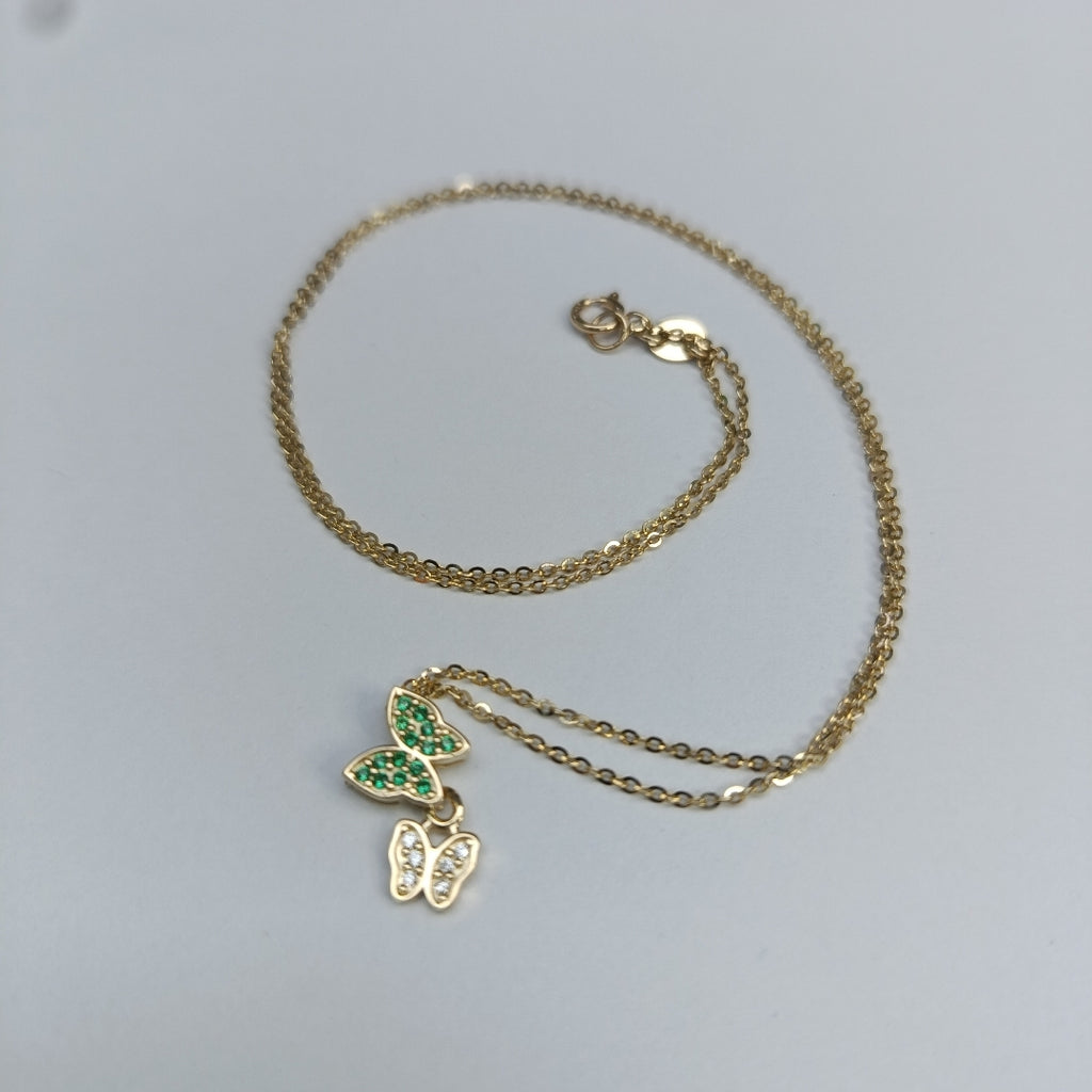 CADENA TEJIDO GARGANTILLA CON DIJE MARIPOSAS CIRCONIAS Y PIEDRAS DE COLOR 14K 45 CM 1.9 GR (NUEVO)