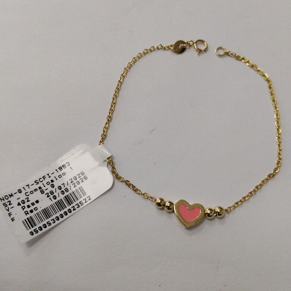 PULSERA TEJIDO ESPECIAL CON FIGURA CORAZON CON ESMALTE ROSA 14K 18 CM 2.1 GR (NUEVO)